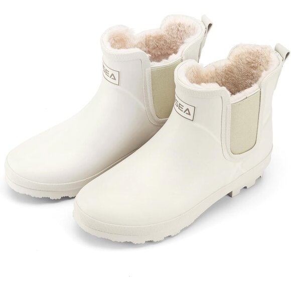 ⚡Women's White Pull On Plush Rain Ankle Snow Boots Waterproof Chelsea Rubber - Picture 2 of 6